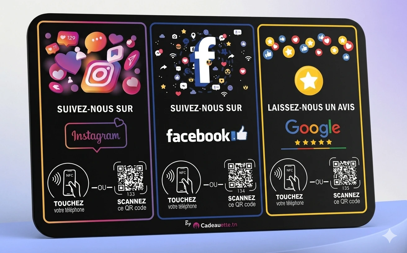 Plaque QR NFC Tunisie 3 en 1 Instagram Facebook Google Avis 15x20 cm
